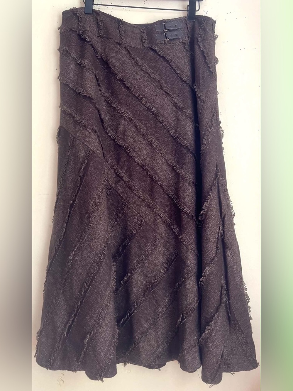Frayed Diagonal Panel A-Line Maxi Skirt in Dark Brown